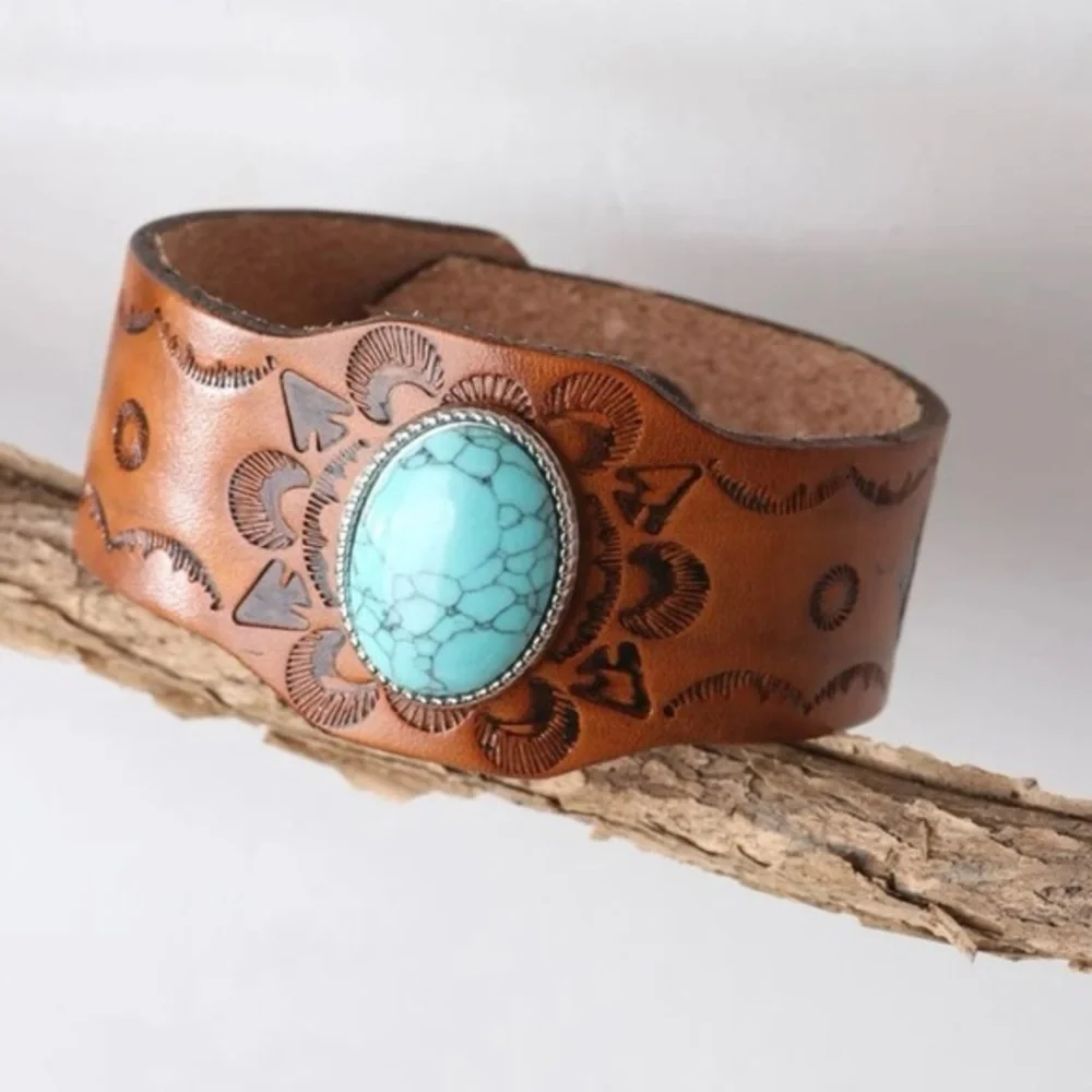 Emery Rose NWOT Brown PU Leather Brown Turquoise Stone Wrap Bracelet - Picture 2 of 11